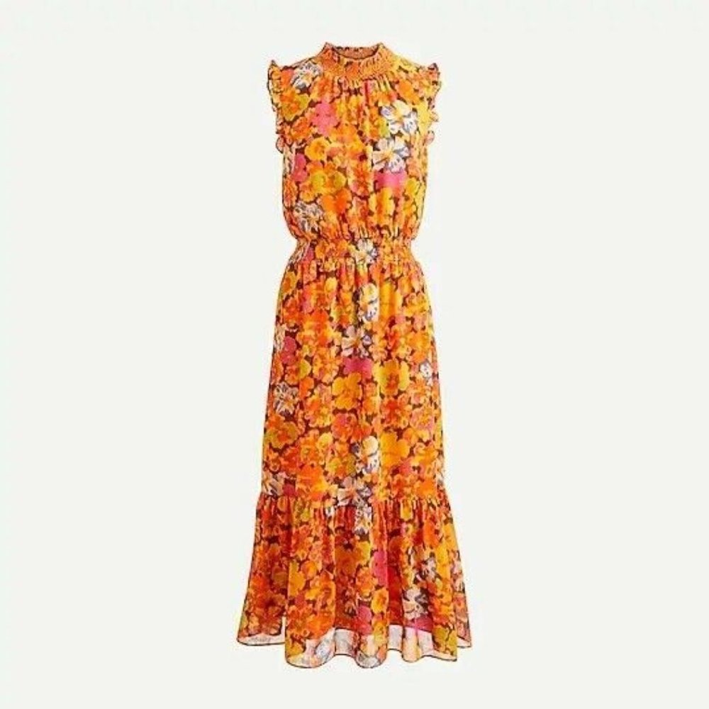 J Crew Smocked-Waist Dress Floral Size Large Tall - Picture 4 of 10